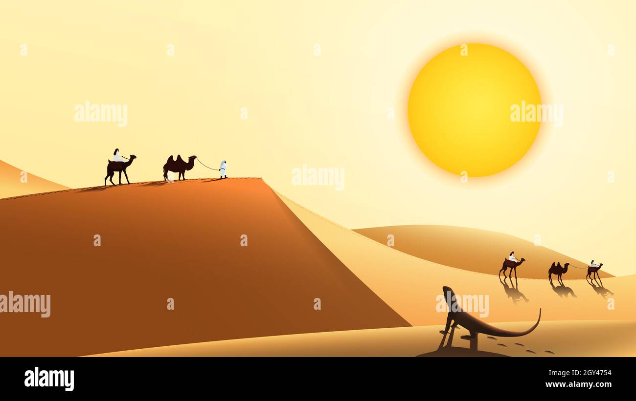 Paesaggio desertico con una carovana di cammelli e persone che camminano lungo le dune di sabbia. La lucertola si siede sotto il sole caldo. Illustrazione vettoriale. Illustrazione Vettoriale