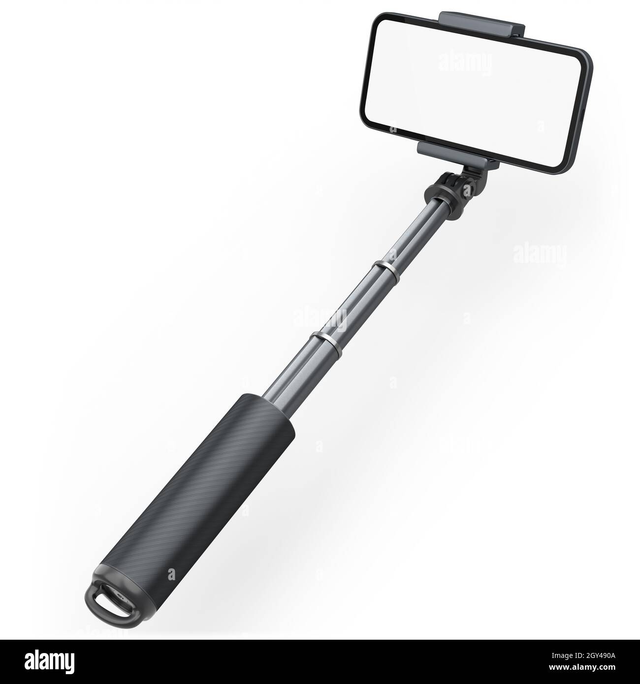 Smartphone realistico con schermo bianco vuoto e selfie stick isolato su sfondo bianco. Rendering 3D del modello di telefono per scattare foto e portra Foto Stock