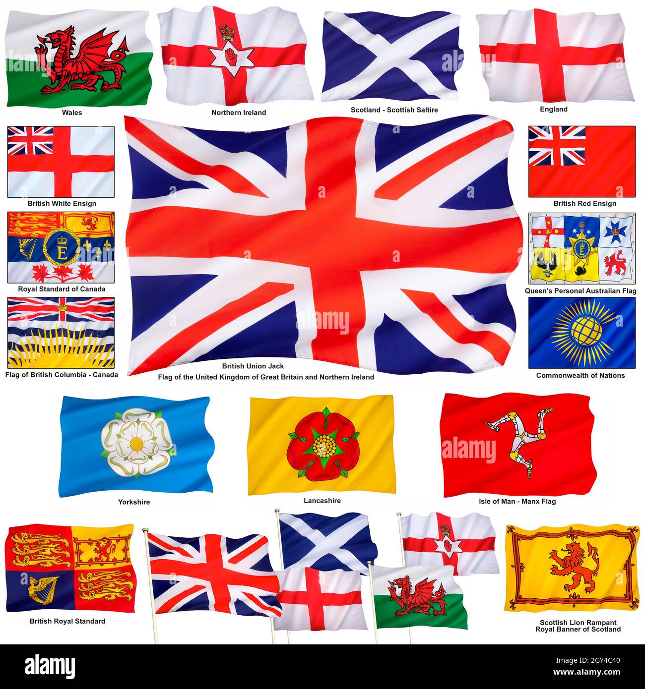 Bandiere relative al Regno Unito o alla famiglia reale britannica. Isolato su bianco per il taglio. Foto Stock