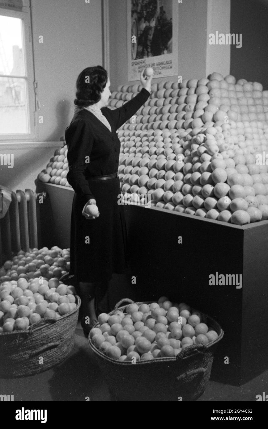 Angestellte der Leipziger Frühjahrsmesse vor einem Stand mit spanischen Apfelsinen; Deutschland 1941. Dipendente della Leipziger Frühjahrsmesse davanti a un cavalletto con lo spagnolo arance; Germania 1941. Foto Stock