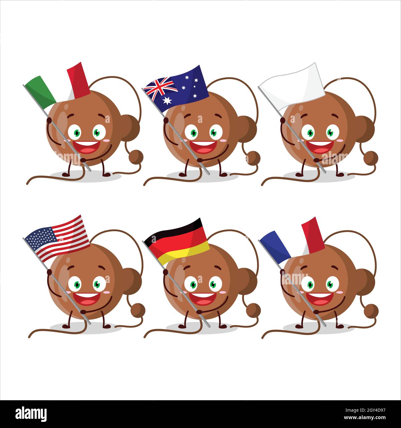 Il personaggio del cartoon con palla a fuoco porta le bandiere di vari paesi. Illustrazione vettoriale Illustrazione Vettoriale