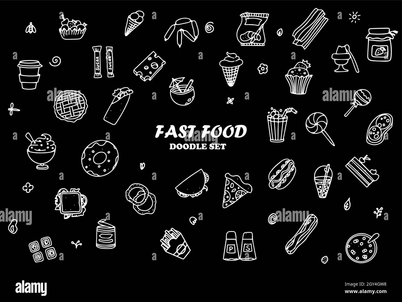 Doodle cibo set di prodotti fast-food. Dolci fatti a mano, dessert, spuntini, popcorn, cucina americana e colazione inglese. Un grande set di cartoni animati Illustrazione Vettoriale