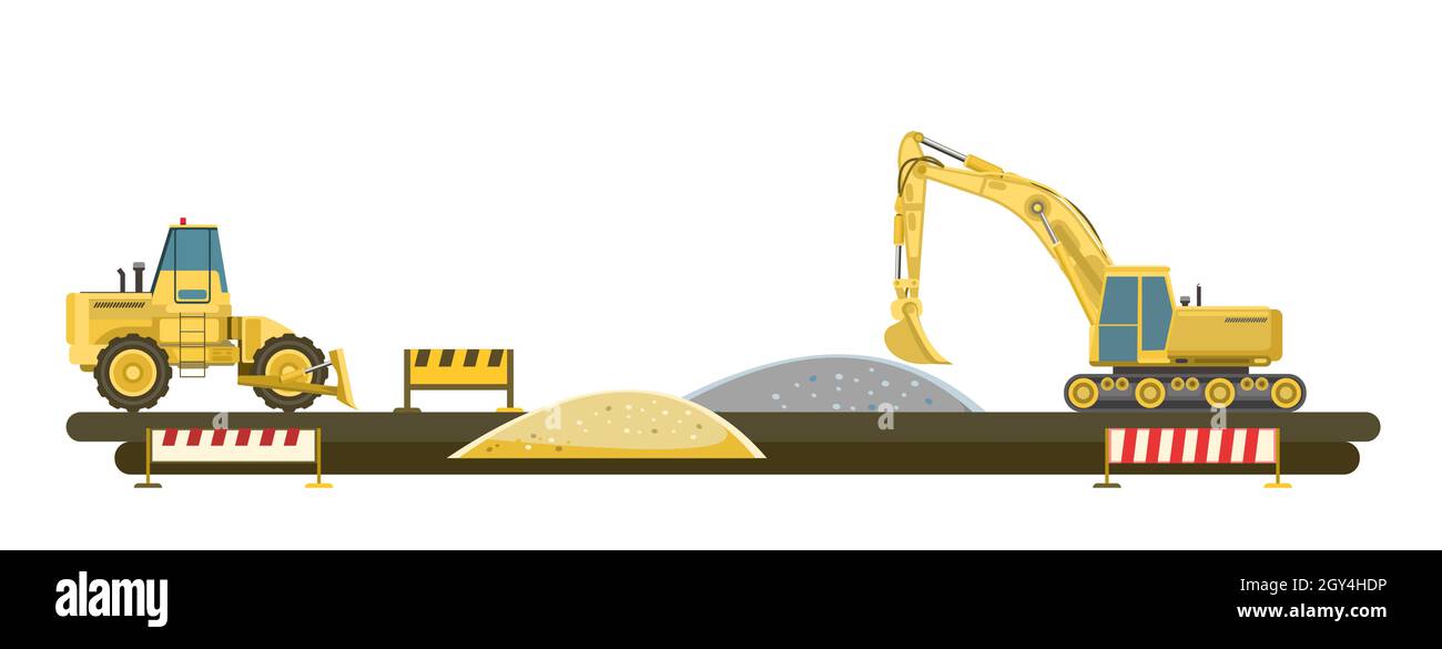 Attrezzature per la costruzione di edifici e strade. Una scena con un escavatore e un bulldozer. Tecnologie moderne. Isolato su sfondo bianco Illustrazione Vettoriale