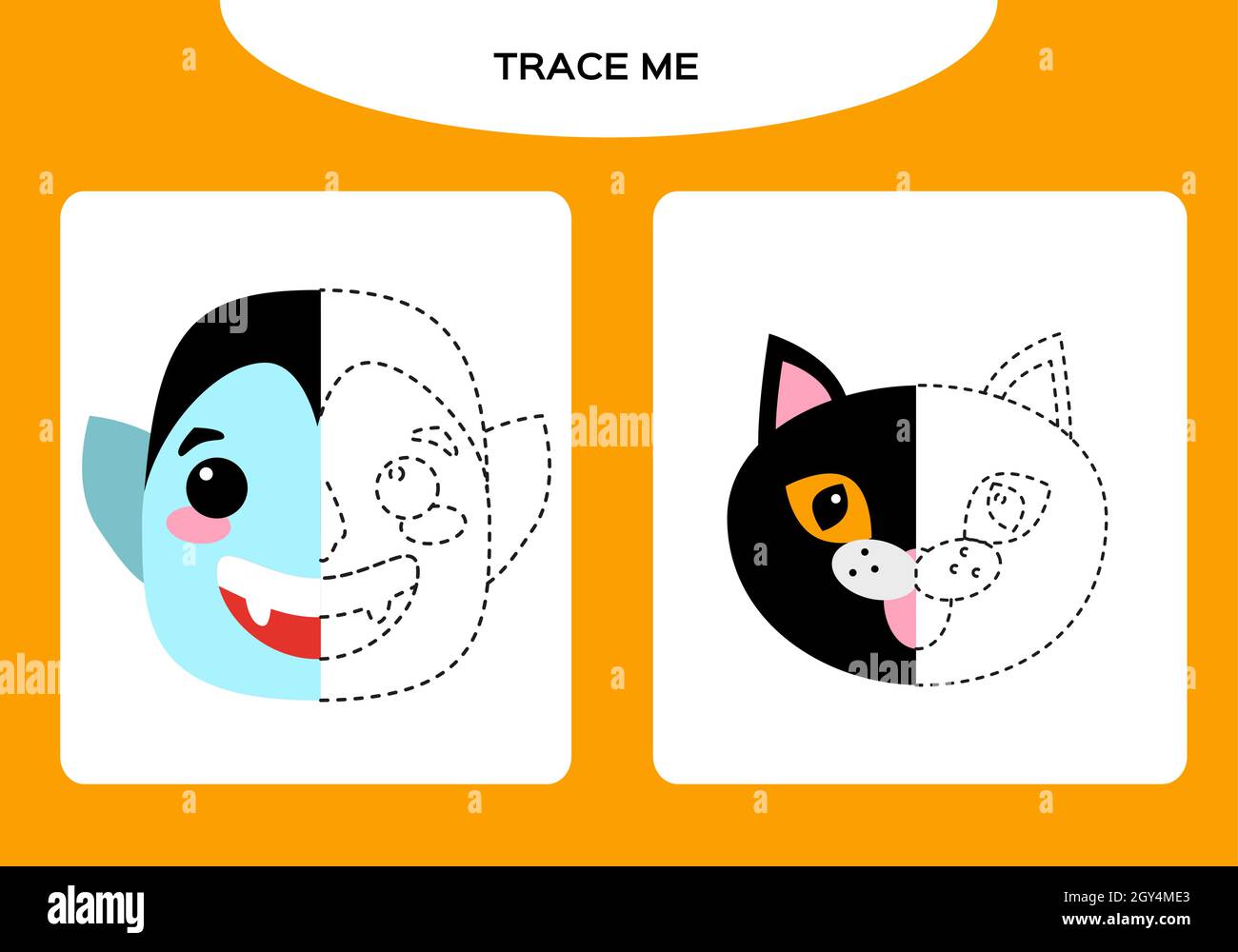 Foglio di lavoro Dracula Vampire e Black Cat. Gioco di istruzione per i bambini. Buon Halloween gioco. Abilità motorie super. Foglio di lavoro traccia. Vettore. Illustrazione Vettoriale