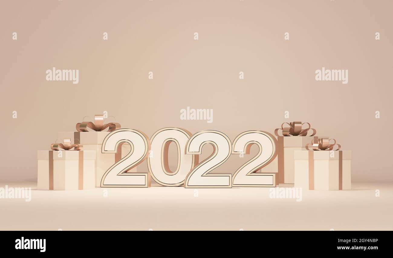 Scena minimal con scatola regalo e sfondo pastello. Concetto di buon anno e San Valentino. 3D Numbers 2022, poster, banner, copertina, brochure, Foto Stock