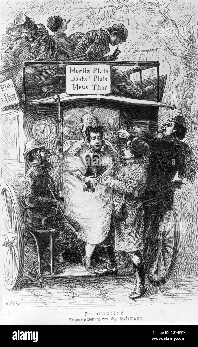 Questa caricatura di Theodor Hosemann del 1864 mostra come era stretta negli autobus trainati da cavalli a Berlino. [traduzione automatizzata] Foto Stock