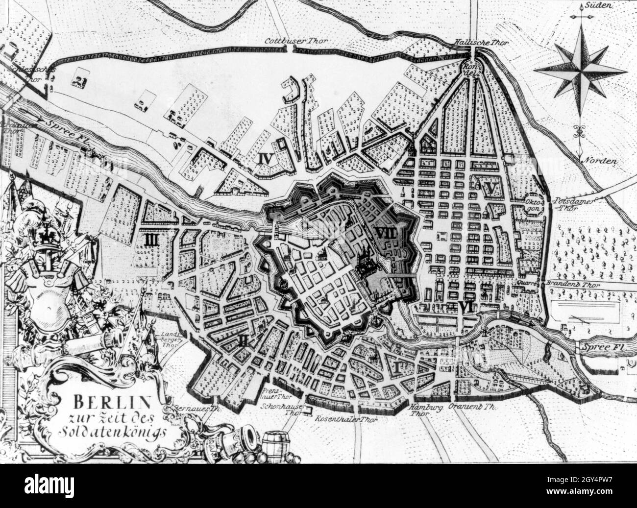 Questa mappa rivolta a sud mostra Berlino al tempo del re-soldato Federico Guglielmo i, c.. 1730, con: Spandauer Vorstadt (i), Königsvorstadt (II), Stralauer Vorstadt (III), Köpenicker Vorstadt (IV), Friedrichstadt (V), Dorotheenstadt (VI) e Friedrichswerder (VII). [traduzione automatizzata] Foto Stock