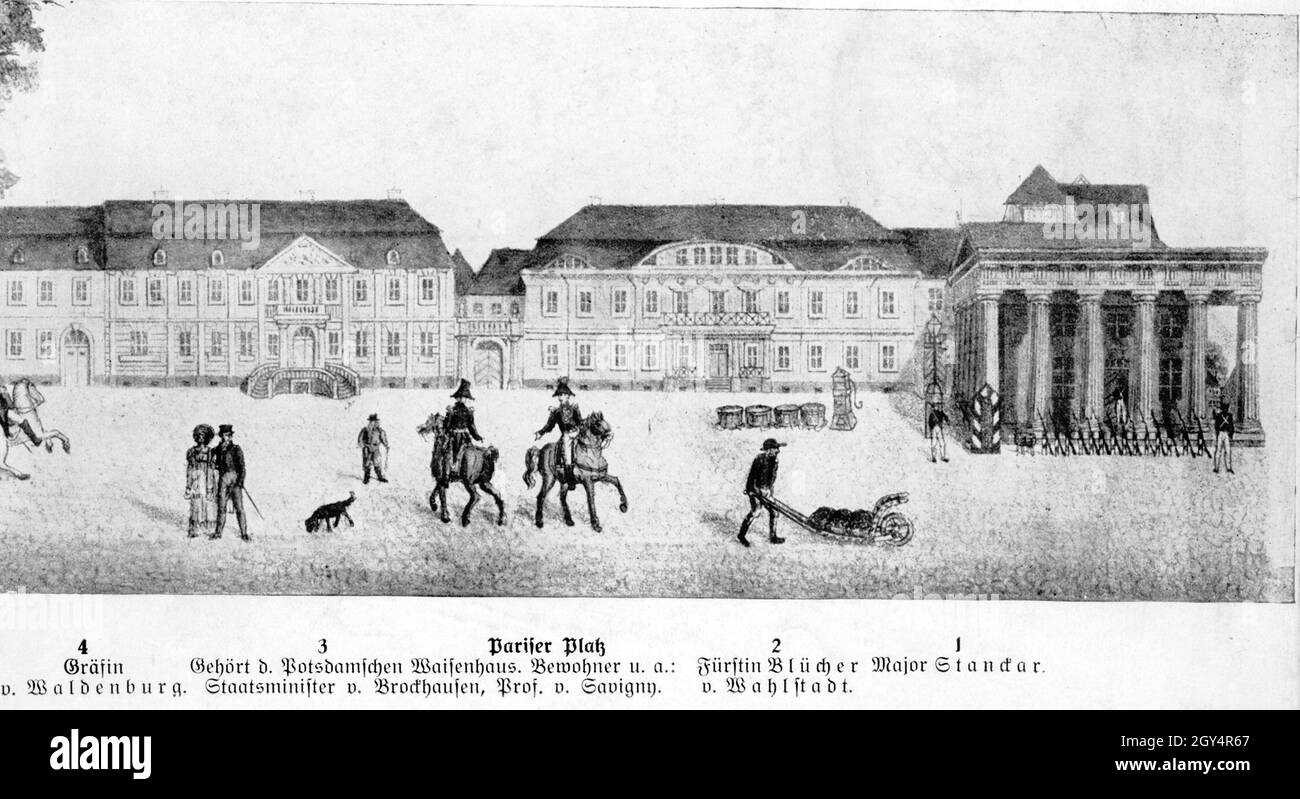 Il disegno mostra Pariser Platz a Berlino-Mitte negli anni dal 1819 al 1823, con i palazzi di: Contessa von Waldenburg (n. 4), Potsdam's Weisenhaus (No 3), Principessa Blücher von Wahlstadt (n. 2) e Major Stanckar (n. 1). [traduzione automatizzata] Foto Stock