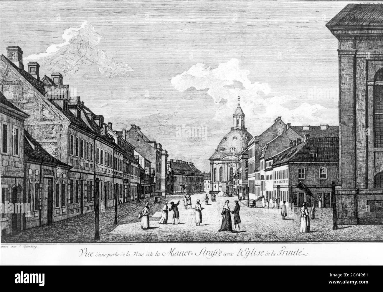 Questa incisione di J. Rosenberg mostra la vista di Mauerstraße con la Dreifaltigkeitskirche a Berlino-Mitte intorno all'anno 1780. [traduzione automatizzata] Foto Stock