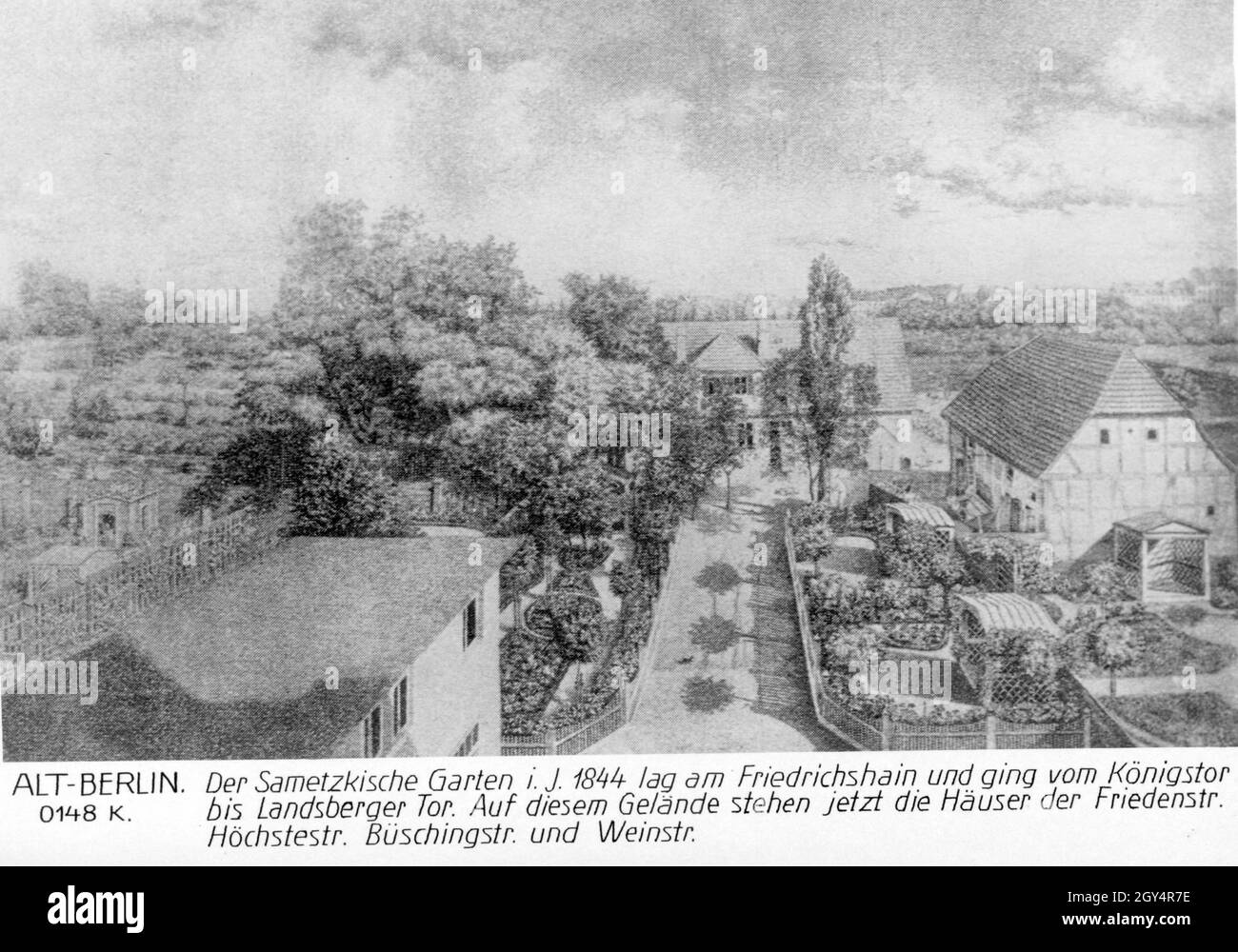 Su questo disegno si può vedere il Garten Sametzkischer nel 1844, che si trovava a Friedrichshain e andava da Königstor a Landsberger Tor. Più tardi Friedenstraße, Höchste Straße, Büschingstraße e Weinstraße furono disposti lì. [traduzione automatizzata] Foto Stock