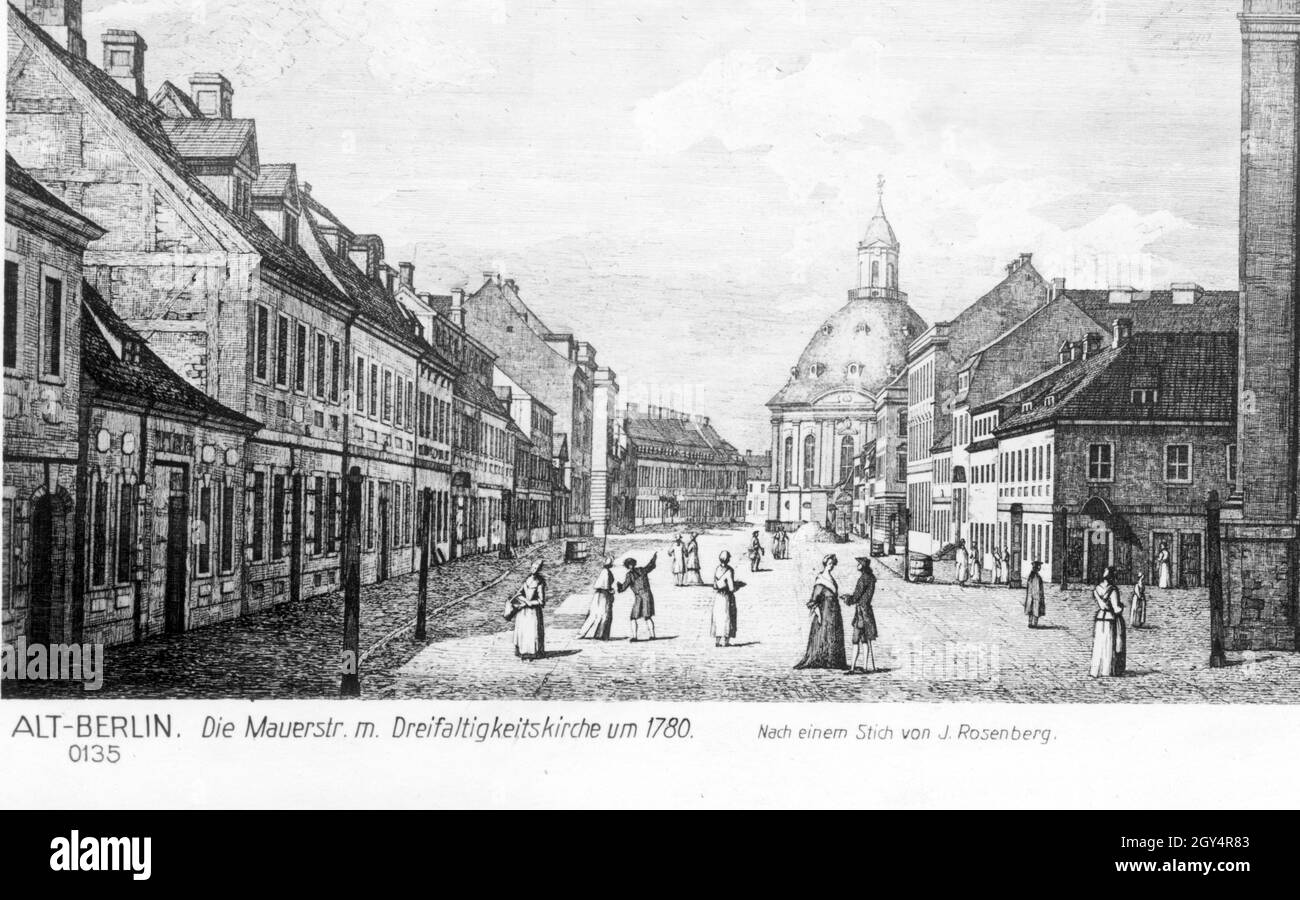Questa incisione di J. Rosenberg mostra la vista di Mauerstraße con la Dreifaltigkeitskirche a Berlino-Mitte intorno all'anno 1780. [traduzione automatizzata] Foto Stock