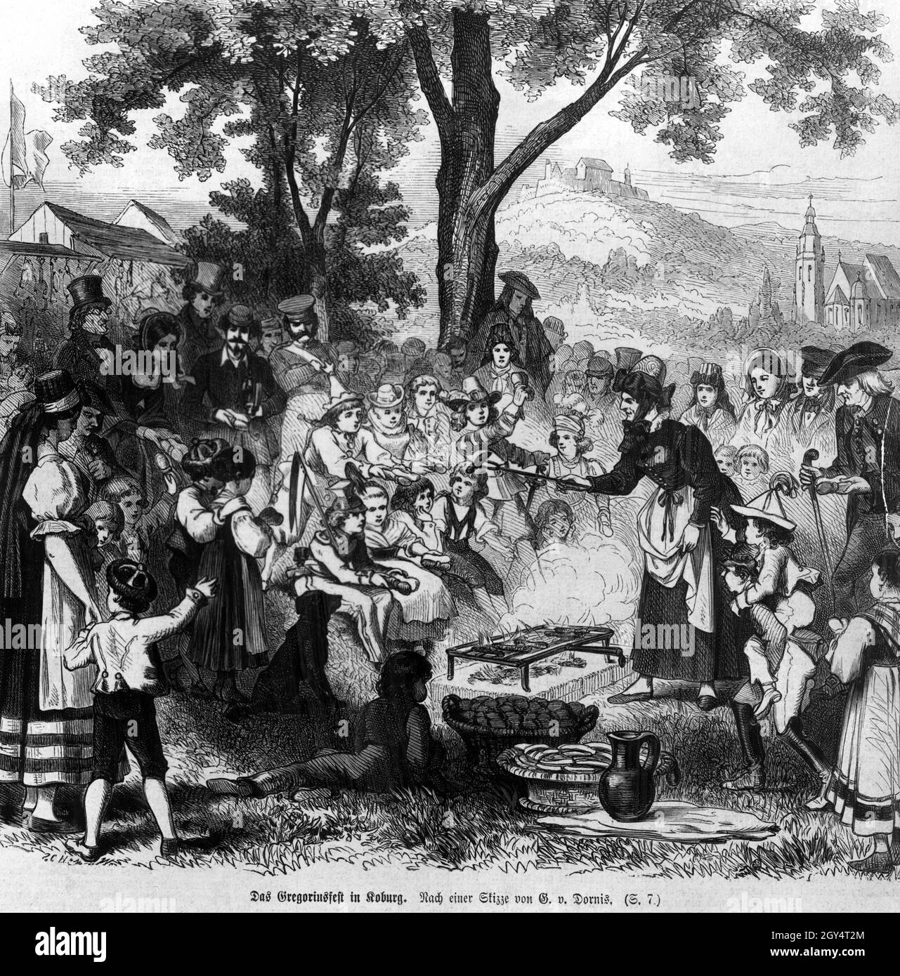 Questa incisione dopo uno schizzo di G. v. Dornis mostra il Festival Gregorio di Coburg. Una donna mette le salsicce fritte nei rotoli dei bambini raccolti intorno al falò. Sullo sfondo si possono vedere la Morizkirche (a destra) e le teste Coburg (al centro della foto, sulla collina del castello). [traduzione automatizzata] Foto Stock