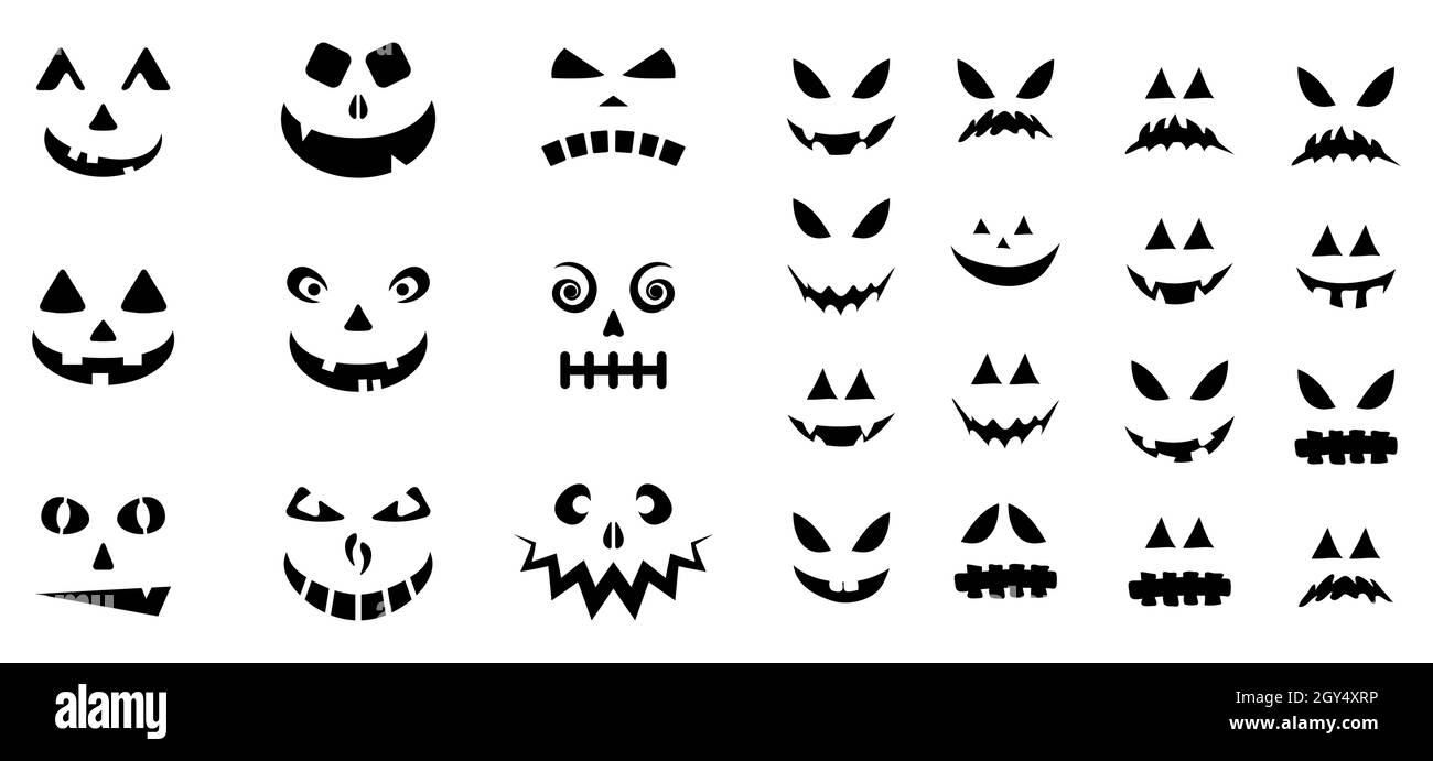 Jack o lanterna modello sorriso. Espressione del viso spooky per la zucca di Halloween. Profilo nero Vvector isolato su bianco. Illustrazione Vettoriale