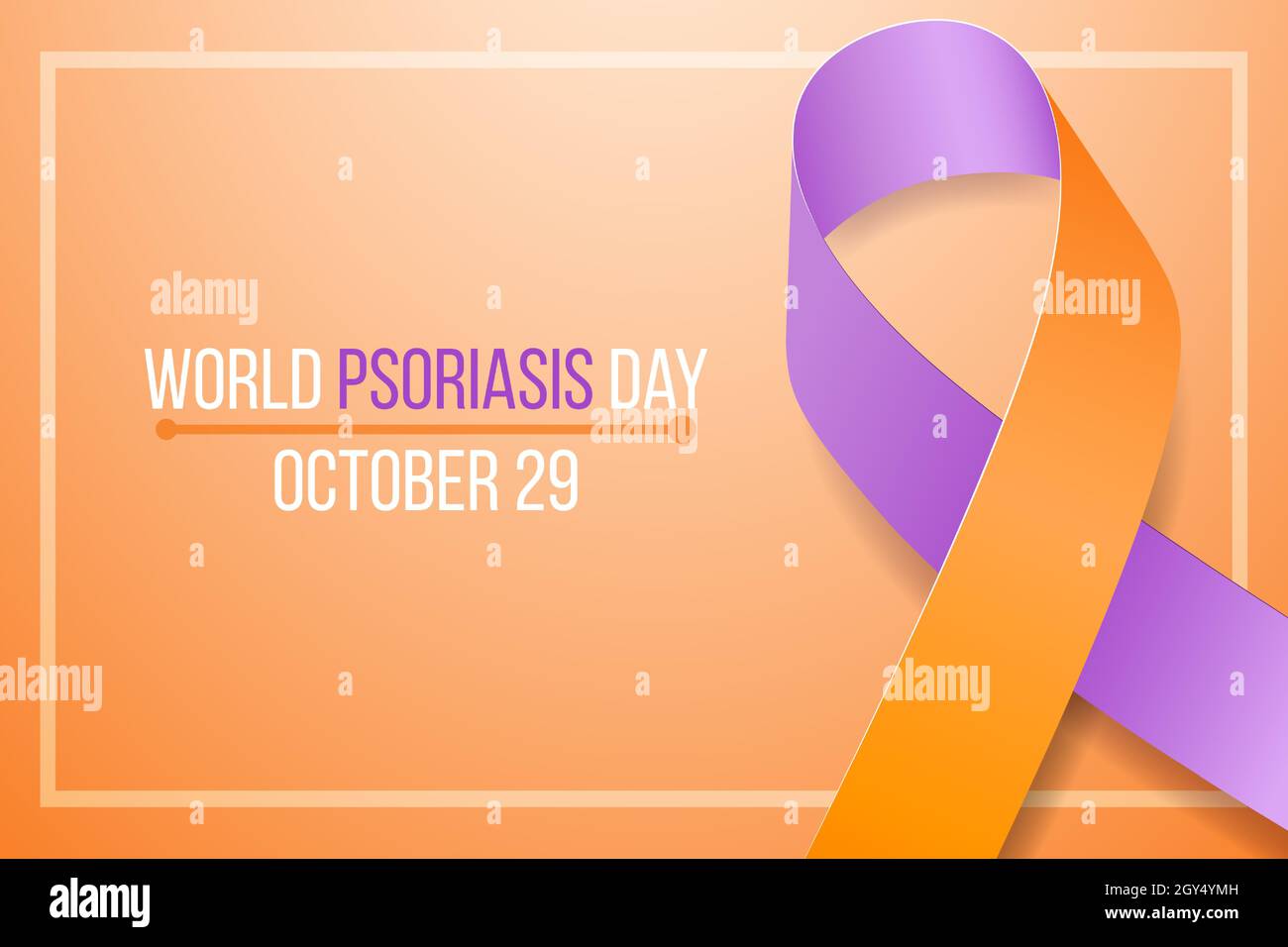 Concetto di giornata mondiale di consapevolezza della psoriasi. Modello di banner con conoscenza del nastro di lavanda (viola) e arancione. Illustrazione vettoriale. Illustrazione Vettoriale