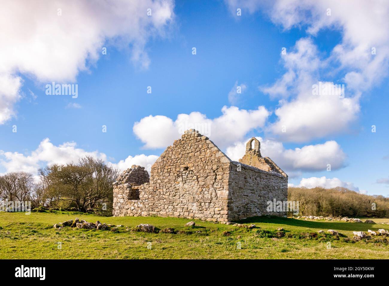 Capel Lligwy, una cappella in rovina, risalente al 12 ° secolo, vicino Rhos Lligwy su Anglesey, Galles del Nord. Foto Stock