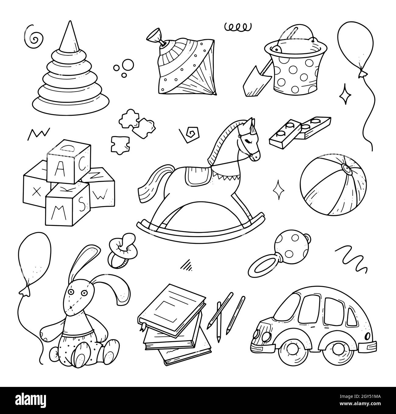 Set di noodle per bambini disegnato a mano, stile doodle. Illustrazione vettoriale per gli sfondi. Illustrazione Vettoriale