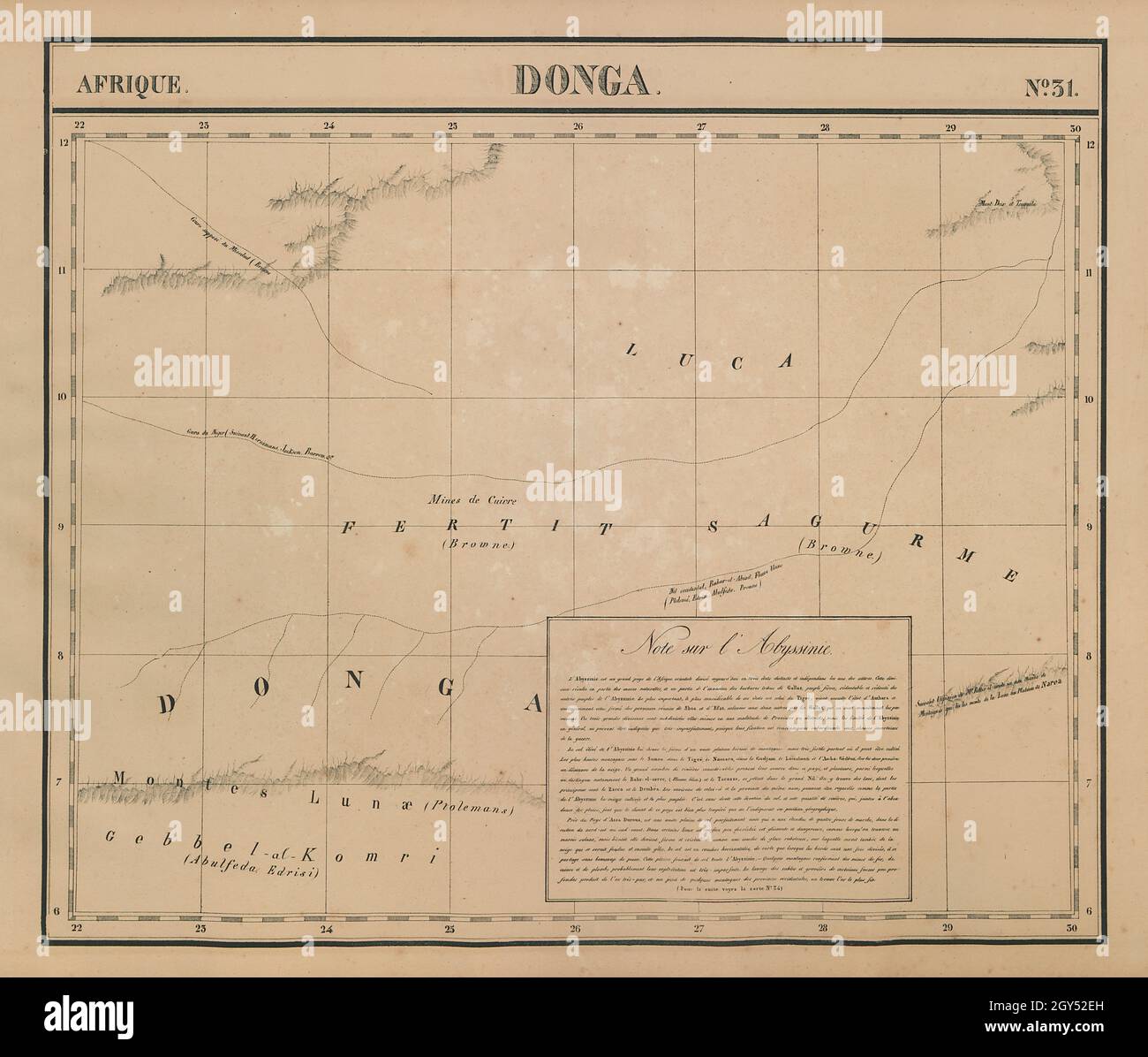 Afrique. Donga #31. Sud / Sud Sudan. Nilo bianco. Mappa VANDERMAELEN 1827 Foto Stock