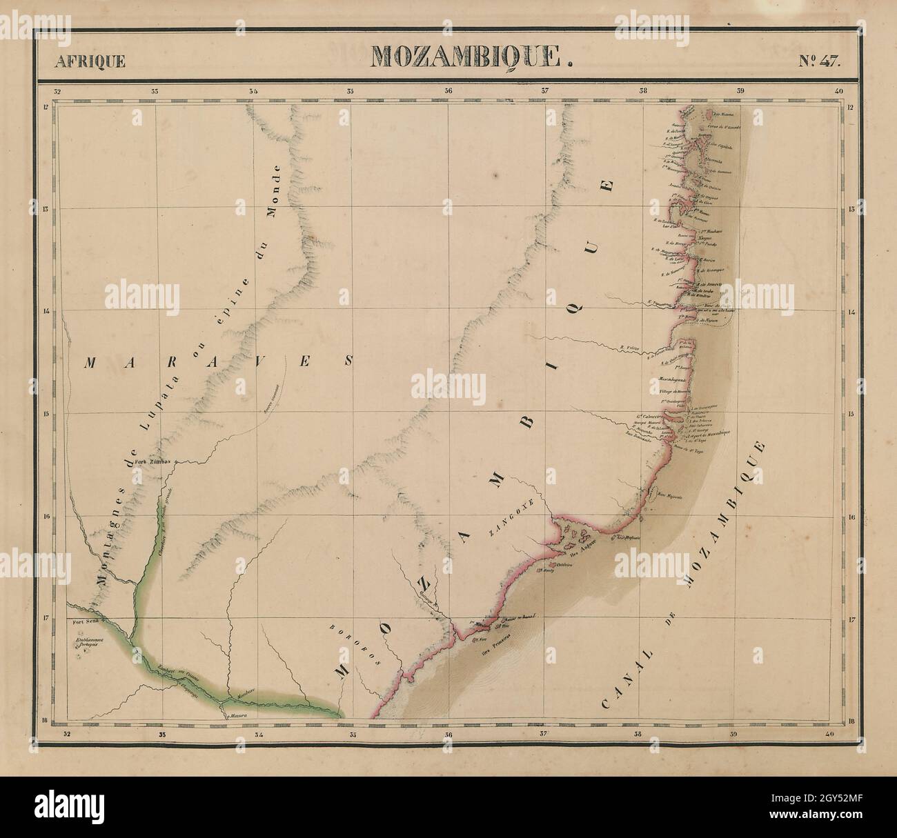 Afrique. Mozambico #47. Mozambico settentrionale. VANDERMAELEN 1827 vecchia mappa Foto Stock