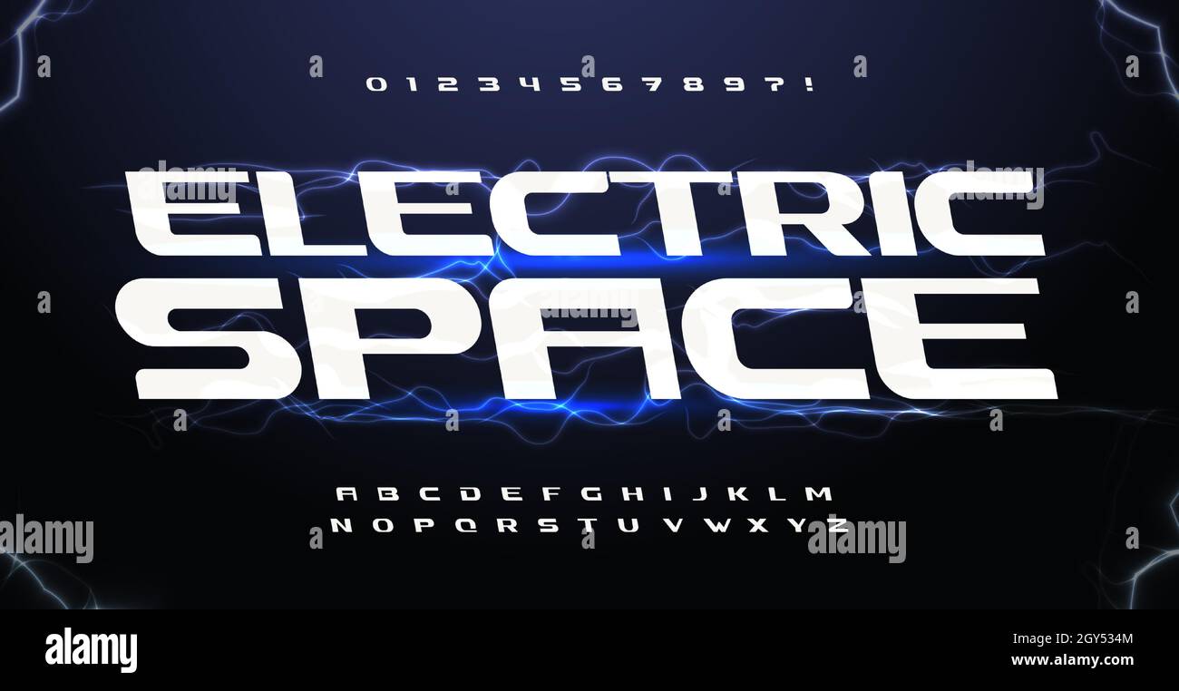 Set di tipografia dello spazio elettrico. Flash Lightning font per lettere di interfaccia hud, gioco VR, titolo o logo di copertina di cinema e musica, tipografia automatica e scientifica Illustrazione Vettoriale