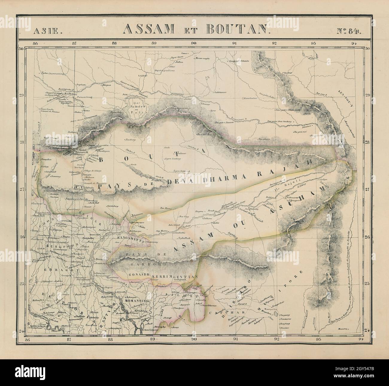 Asie. Assam et Boutan #84 NE India Bhutan Tibet Bangladesh VANDERMAELEN 1827 mappa Foto Stock