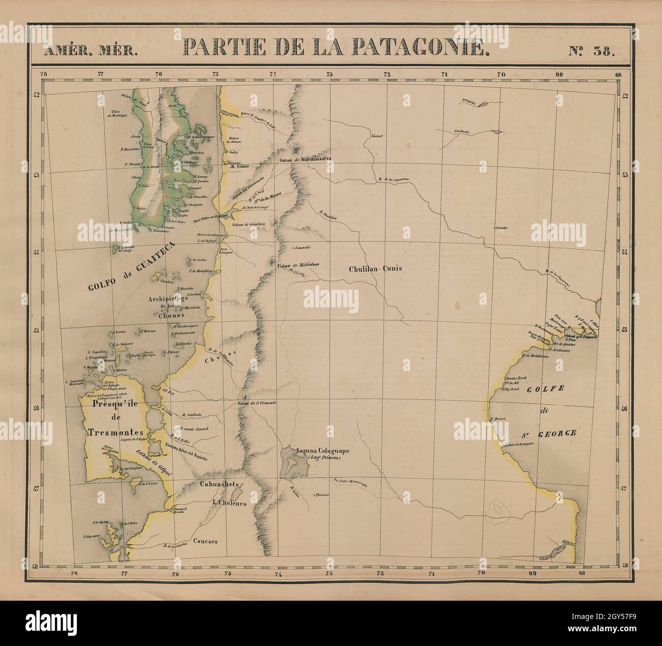 Amér. Mér. Patagonie #38. Patagonia settentrionale. Cile Argentina VANDERMAELEN 1827 mappa Foto Stock