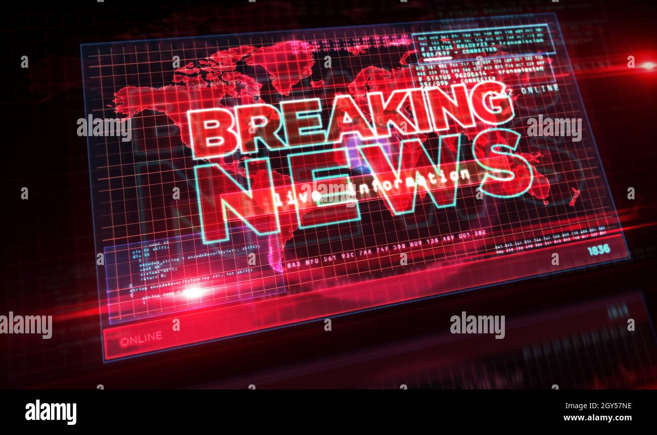 Ultime notizie sullo schermo del computer. Broadcast, live media, informazione e comunicazione astratta concetto 3d illustrazione. Foto Stock