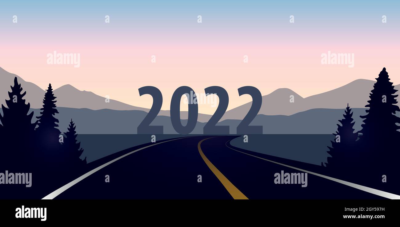 strada asfaltata blu foresta paesaggio direzione anno 2022 Illustrazione Vettoriale