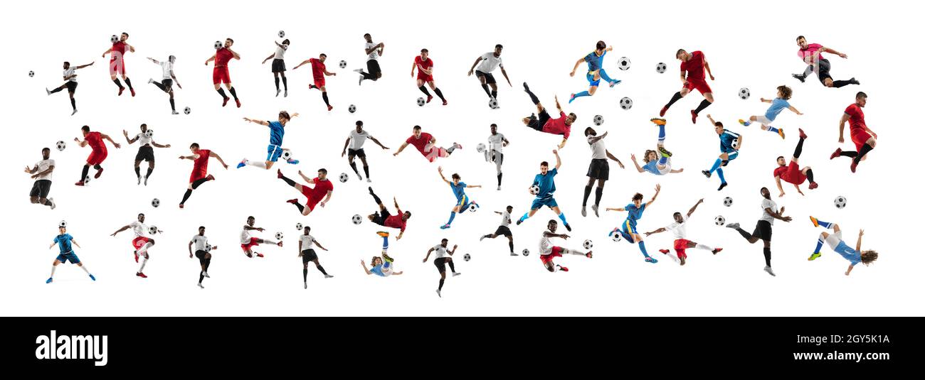 Collage fatto di giocatori di calcio professionistici con palla in movimento, azione isolata su sfondo bianco studio. Foto Stock