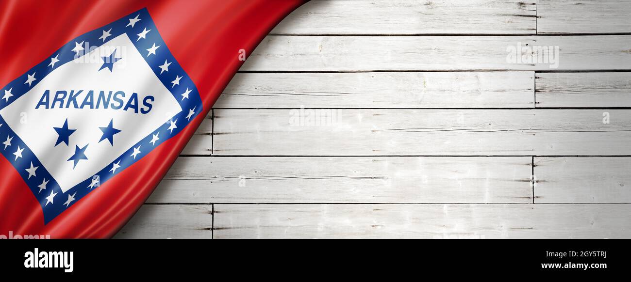 Bandiera dell'Arkansas su striscione in legno bianco, USA. Illustrazione 3D Foto Stock