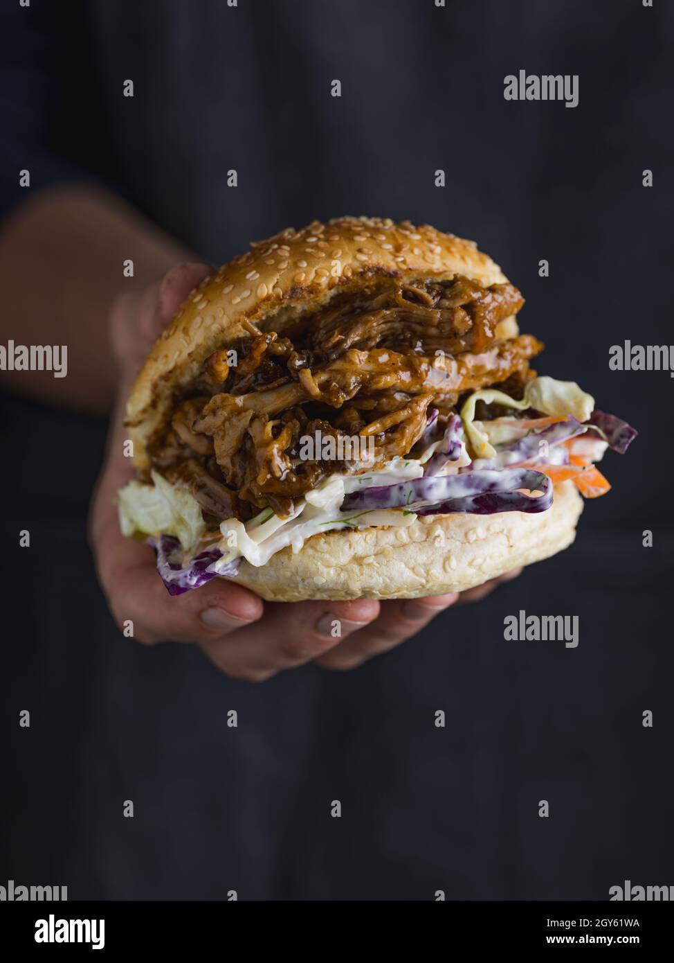 Il Burger di maiale tritato asciutto e affumicato viene tenuto in una mano delle persone Foto Stock