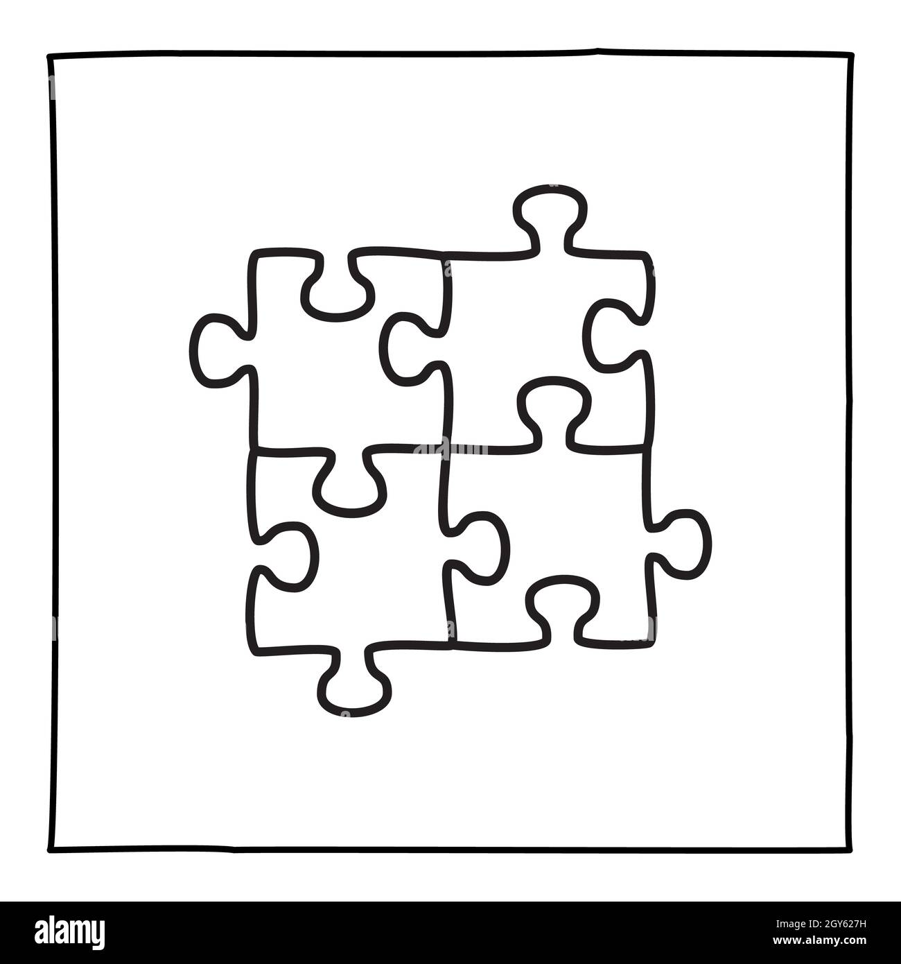 Icona o logo del puzzle Doodle, disegnati a mano con una sottile linea nera. Isolato su sfondo bianco. Illustrazione vettoriale Foto Stock
