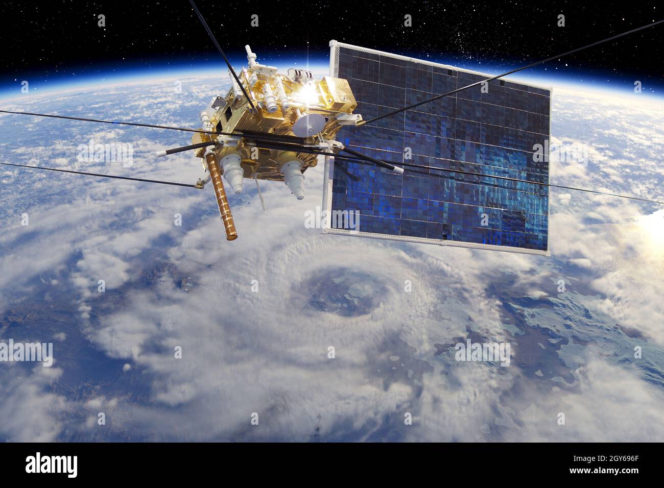 Moderno spazio meteorologico satellite monitoraggio Terra da orbita. sfondo del rendering 3d. Illustrazione 3D Foto Stock