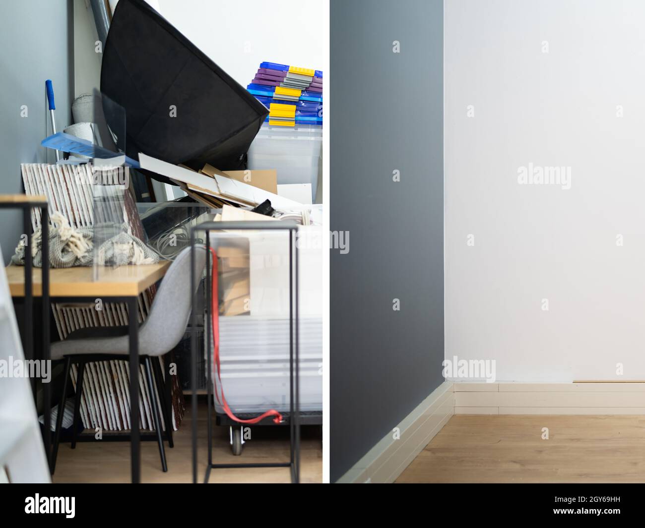 Prima dopo Messy Room Declutter e Clearing Foto Stock