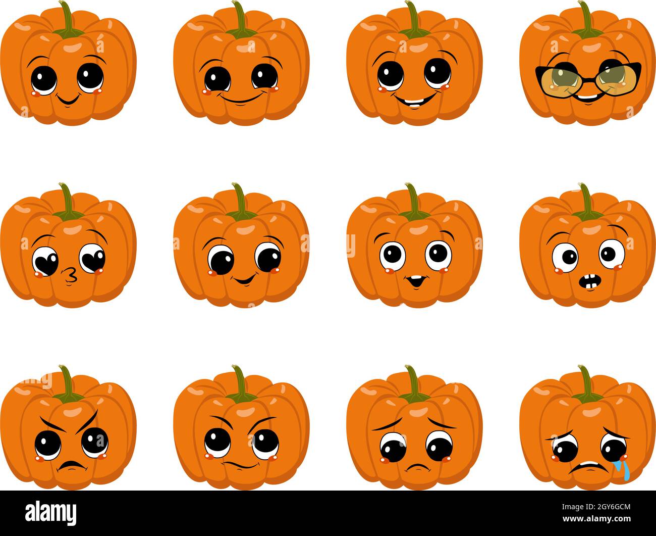 Set di simpatici personaggi di zucca con gioie e tristi emozioni, viso, occhi grandi e ampio sorriso felice o lacrime. Decorazione di festa di Halloween. Malizioso eroe vegetale d'autunno arancione Illustrazione Vettoriale