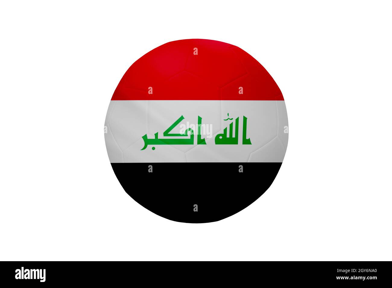 Calcio nei colori della bandiera irachena isolato su sfondo bianco. In un'immagine concettuale del campionato che sostiene l'Iraq. Foto Stock