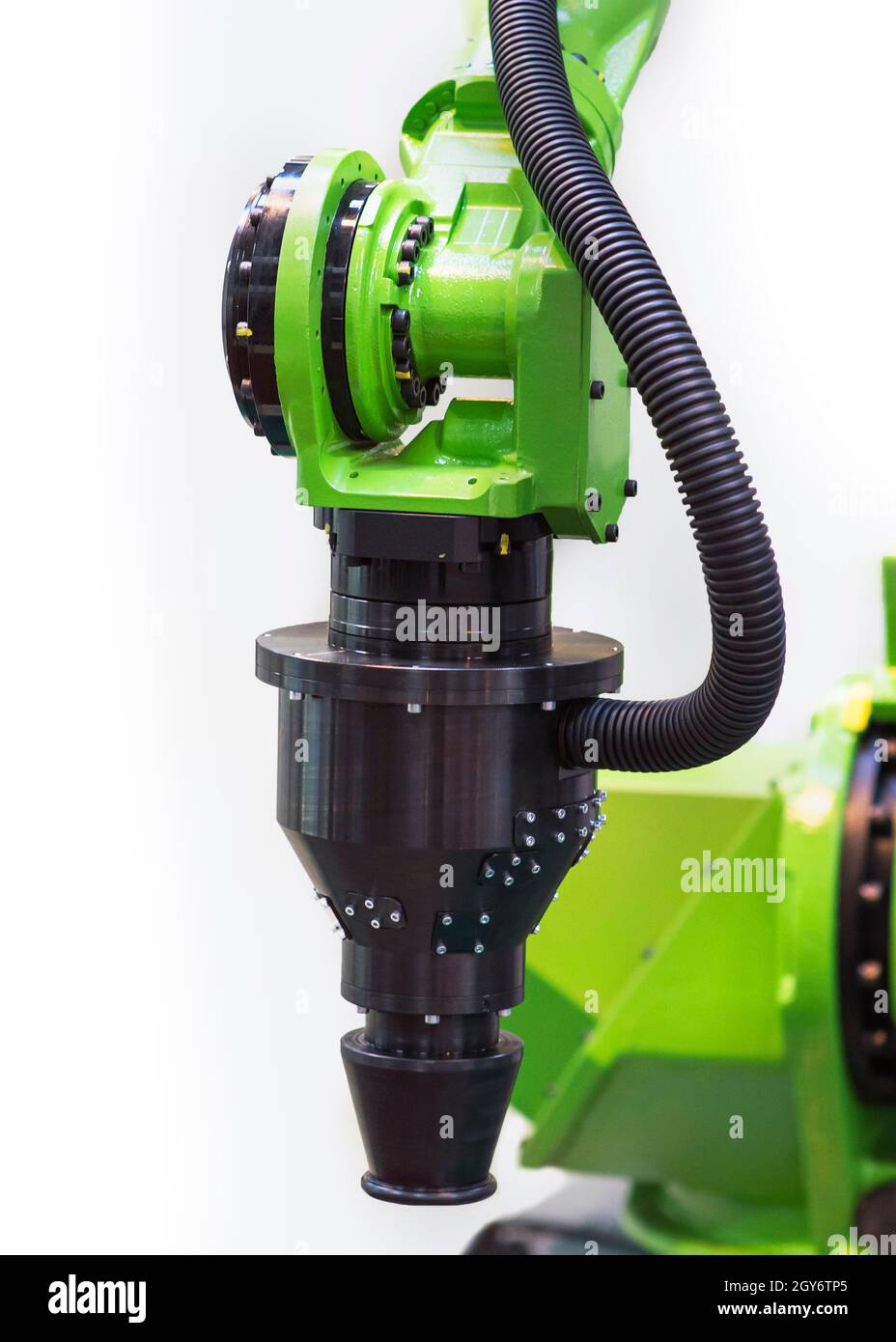 Realtà aumentata per il concetto di settore. Applicazione di controllo del sistema di automazione e robotica su braccio robot automatico su sfondo bianco. Foto Stock