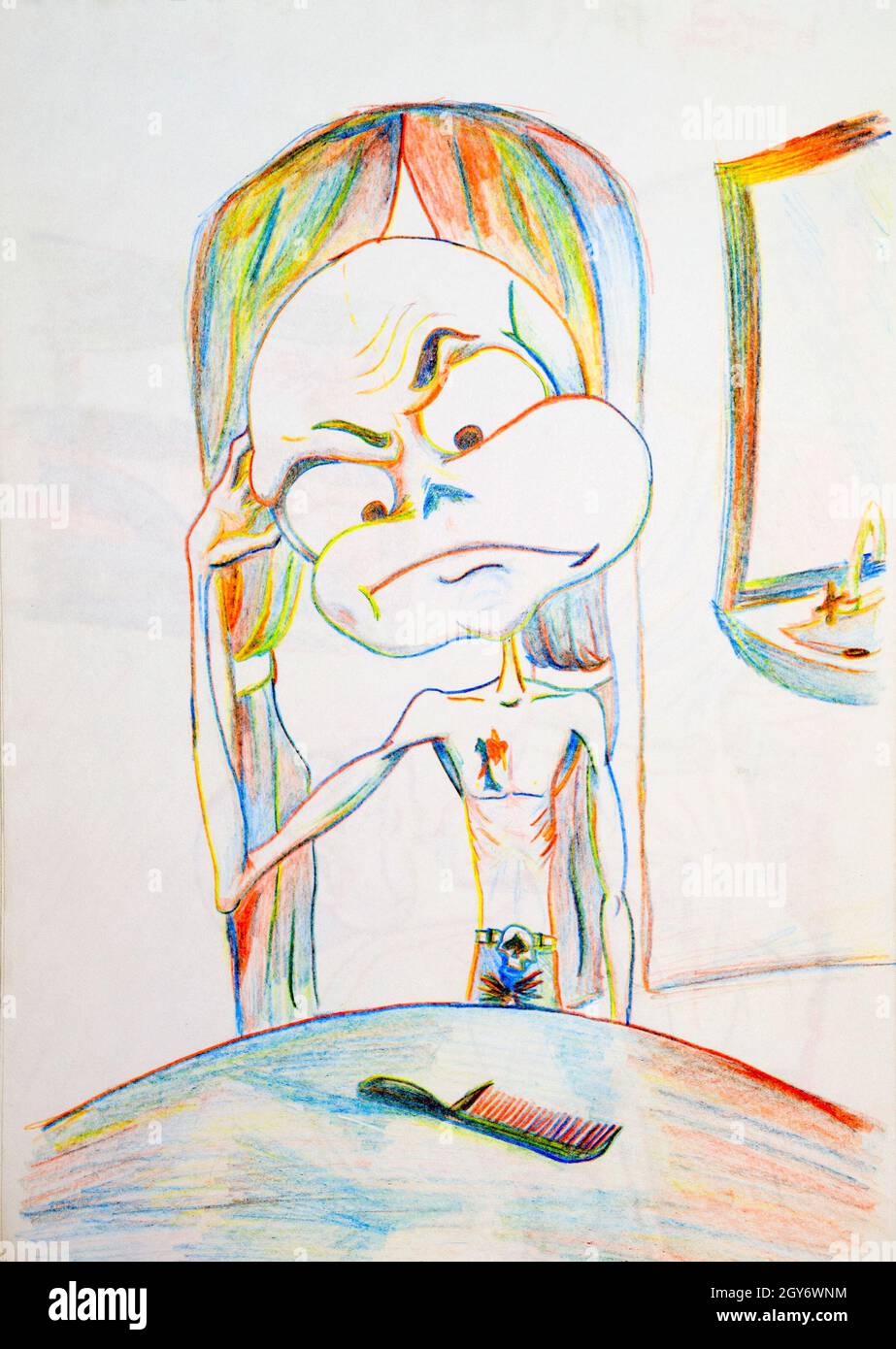 Hero distrofiche guardando a pettine e graffi la sua testa. Uomo calvo pensare, perché egli comb. Foto Stock