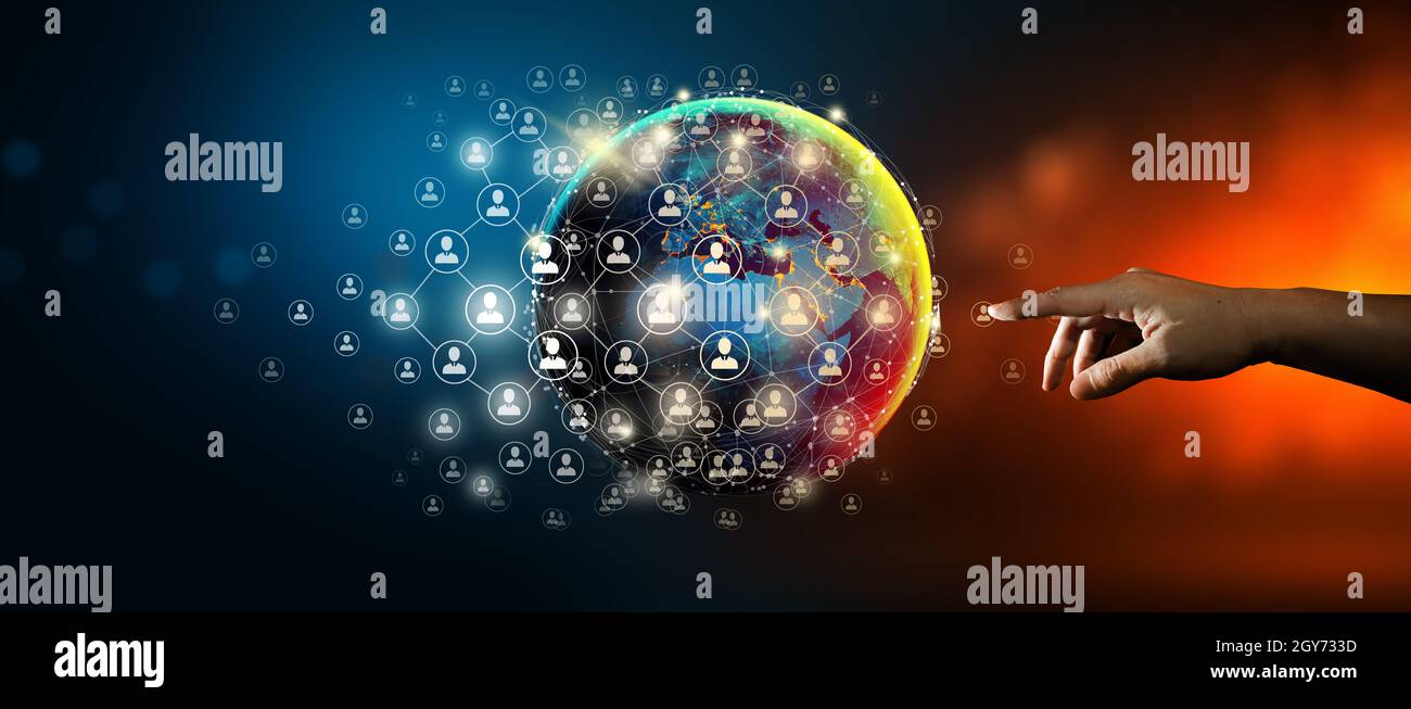 Connessione di rete e scambio di dati leader a livello globale con Abstract background. Tecnologia di comunicazione per internet business e social network. Foto Stock