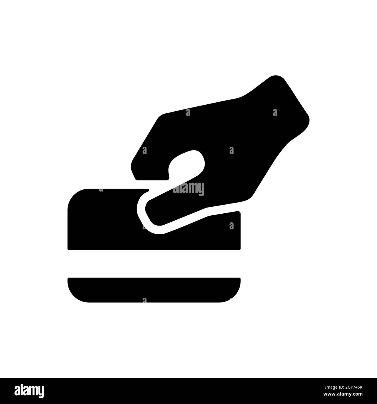 Strisciare a mano la carta di credito durante l'acquisto icona a forma di glifo. Segno di affari. Simbolo grafico per il design del sito Web, il logo, l'app, l'interfaccia utente. Illustrazione vettoriale, e Foto Stock