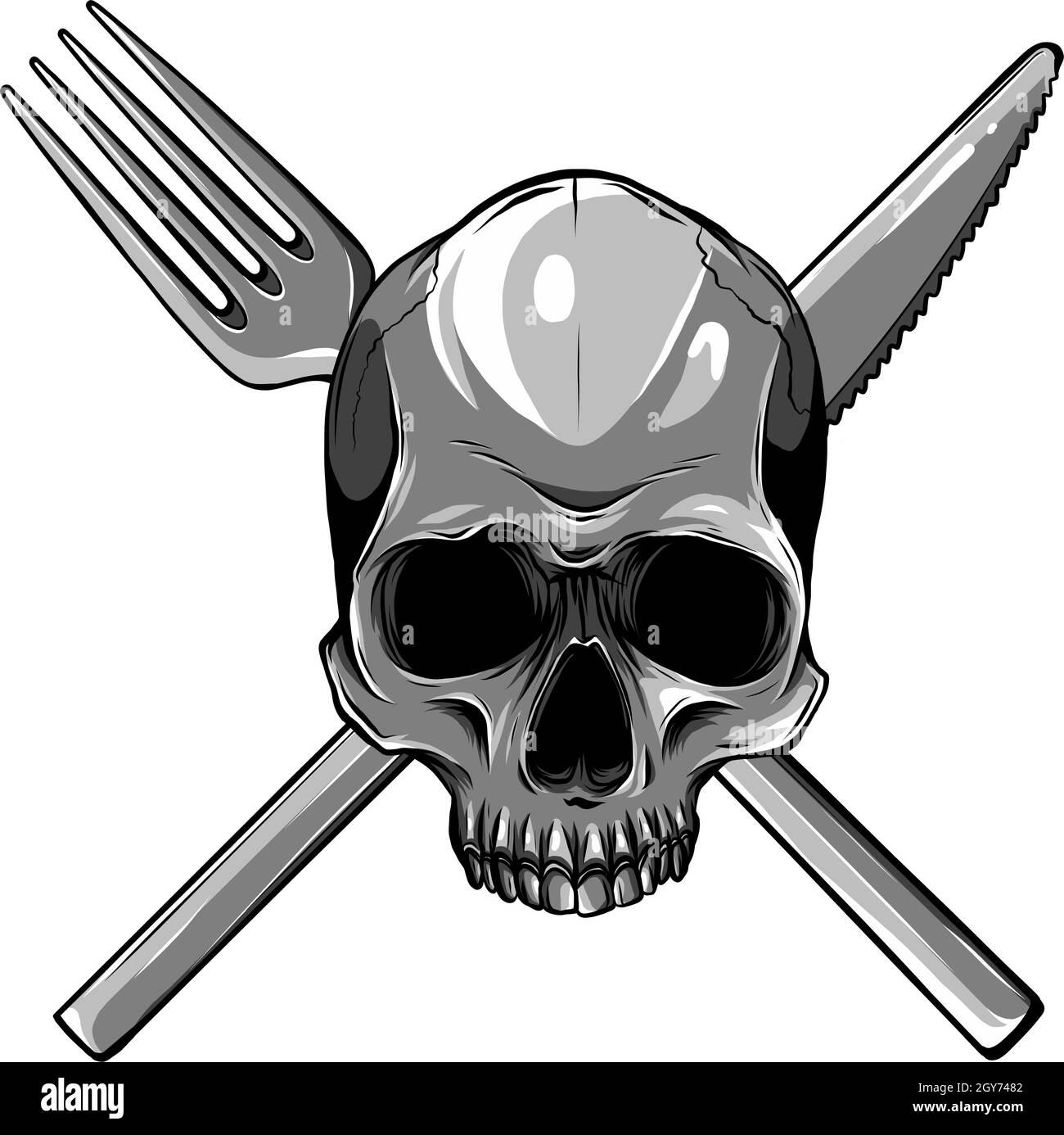 Cranio umano con cucchiaio e forchetta. Foto Stock