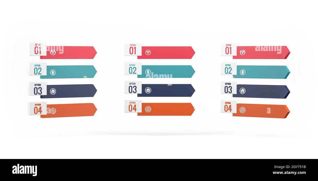 infografica aziendale 3d con opzioni in 4 fasi: spazio per il testo, illustrazione 3d, spazio per la copia Foto Stock