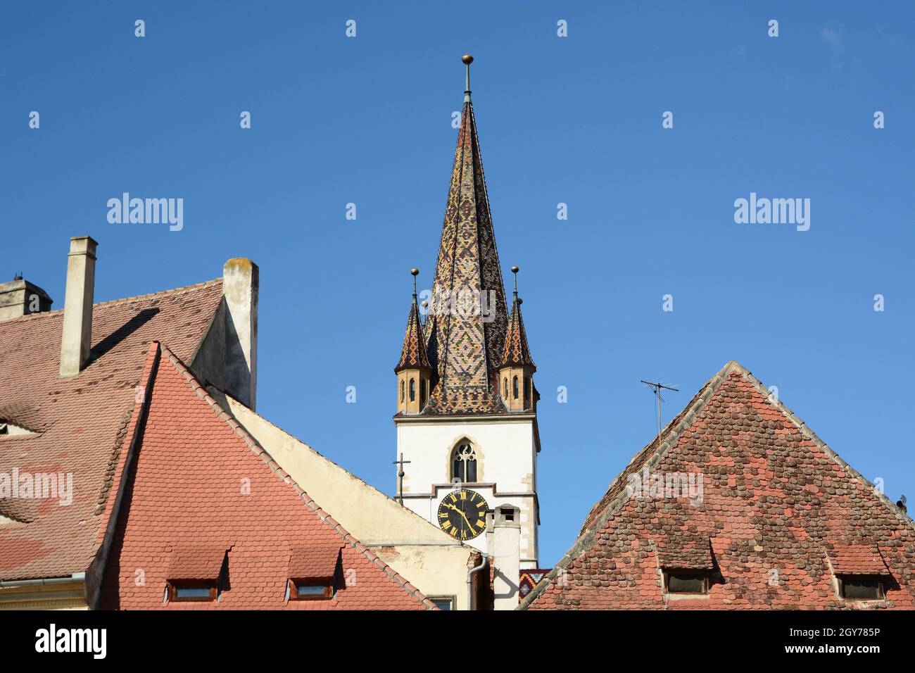 Campanile della Cattedrale Luterana. Sibiu. Transilvania. Romania Foto Stock