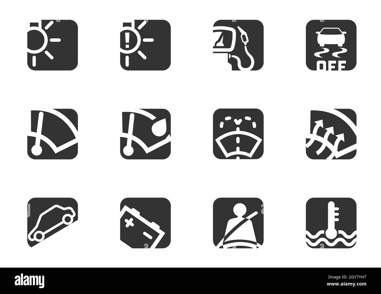 Icone di simboli impostate isolate per la progettazione dell'interfaccia per auto Foto Stock