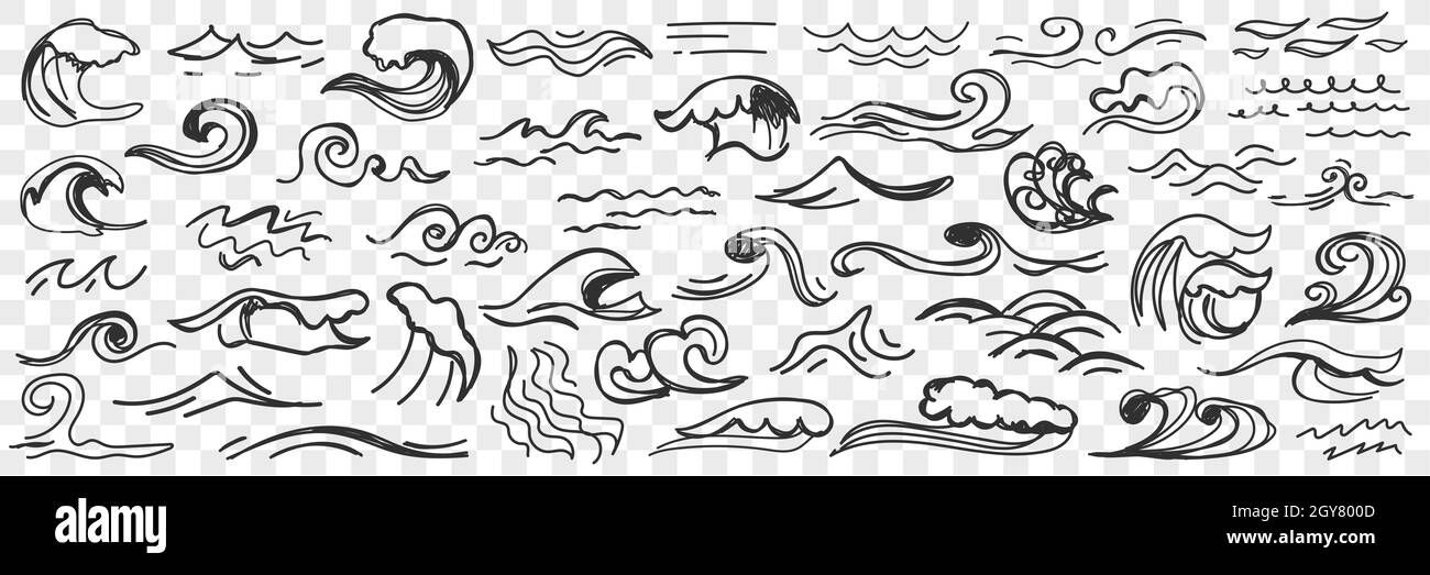 Onde di mare su acqua superficie doodle set. Raccolta di acque marine e oceaniche disegnate a mano con onde durante la tempesta e il clima cupo isolato su trasparente Foto Stock