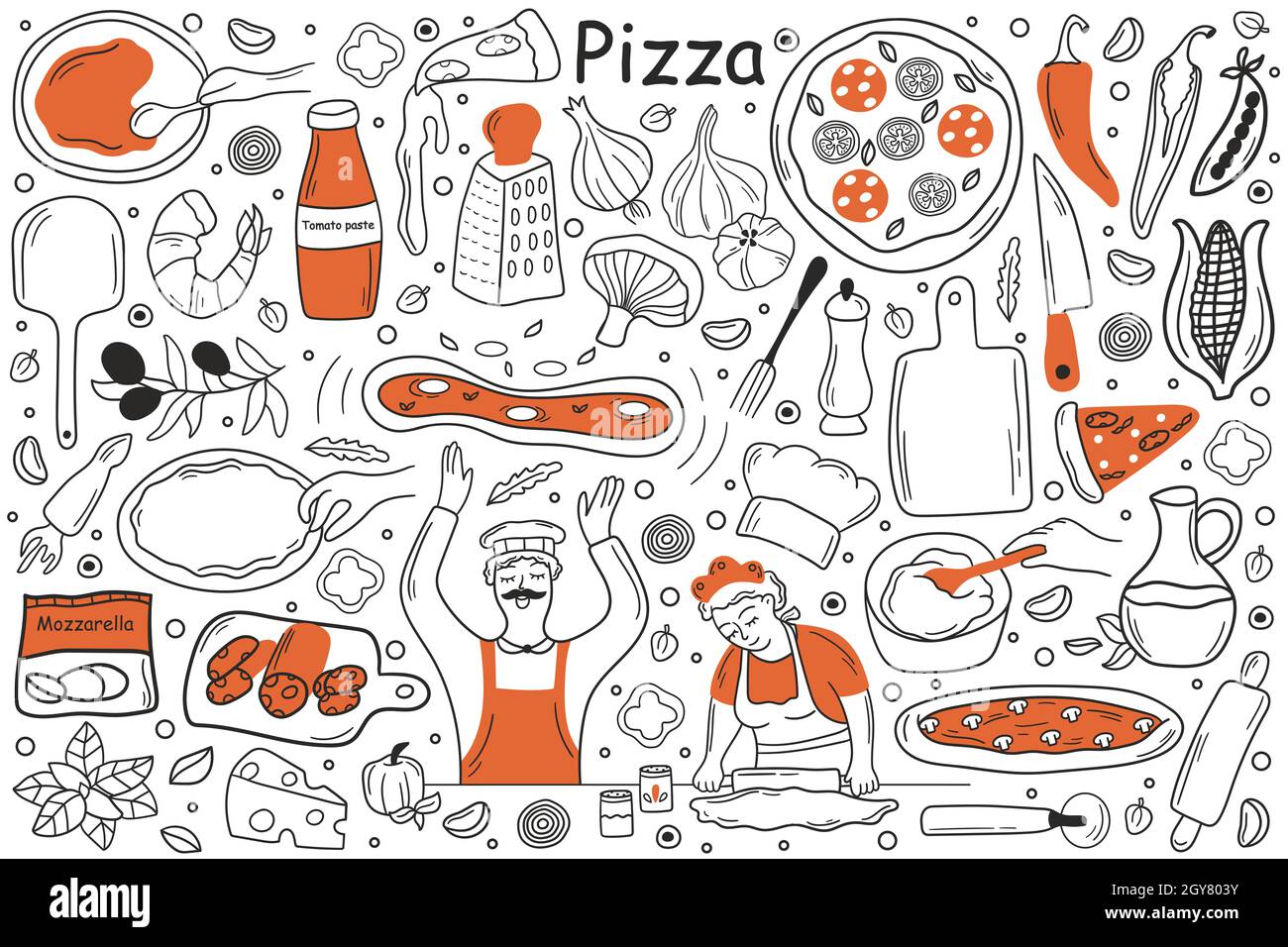 Set di culle per pizza. Raccolta di disegni a mano modelli modelli di man  cuoker chef tenendo pepperoni in cucina. Cucina italiana per lu Foto stock  - Alamy