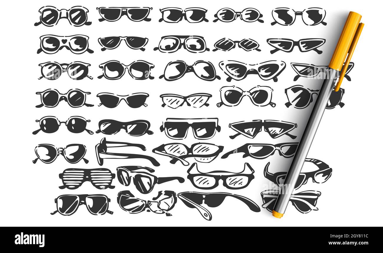 Set di calici per scarabocchiate. Colezione di disegni a mano modelli modelli di oggetti optici occhiali da sole eleganti assortimento su backgrou bianco Foto Stock