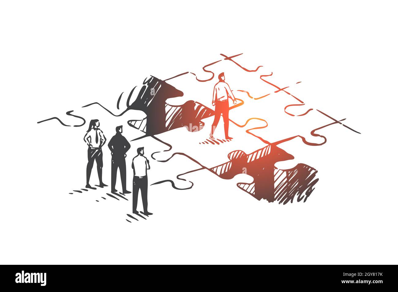 Sviluppo personale, promozione del lavoro, disegno di concetto di leadership. Uomini d'affari e donna d'affari in piedi su puzzle jigsaw, ricerca di idea di affari, pro Foto Stock