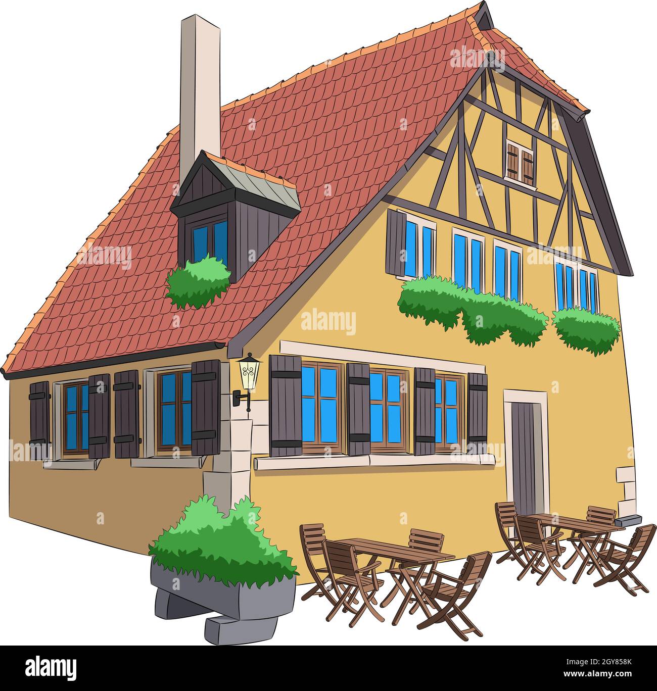 Tradizionale casa a graticcio con tetto piastrellato e caffè all'aperto a Rothenburg ob der Tauber. Illustrazione vettoriale. Illustrazione Vettoriale