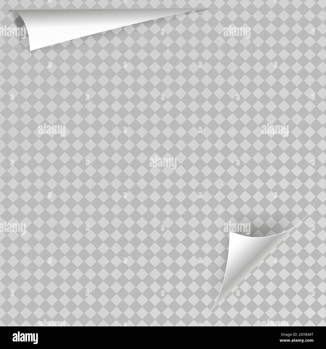 Arricciatura della pagina con ombreggiatura su un foglio di carta vuoto. Adesivo di carta bianca. Elemento per messaggi pubblicitari e promozionali isolato su sfondo trasparente Illustrazione Vettoriale