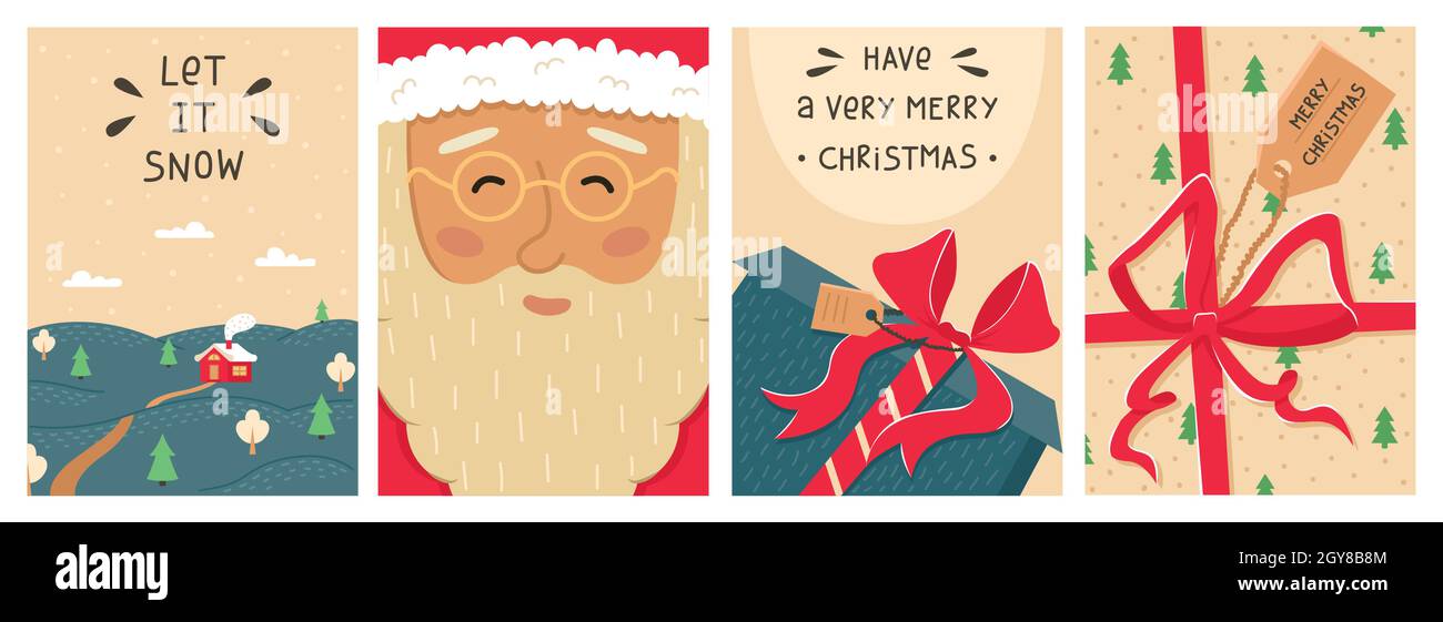 Carino set di Natale di 4 biglietti d'auguri di Capodanno. Illustrazione Vettoriale